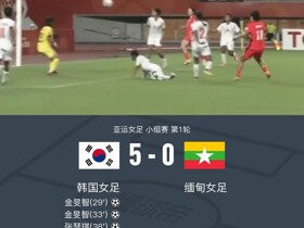 韩国女足5-0缅甸女足，金旻智戴帽，崔有利进球+失点