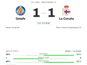 La Liga: Getafe 1-1 La Coruña — Aubameyang scores for Depor in Matchday 5 draw