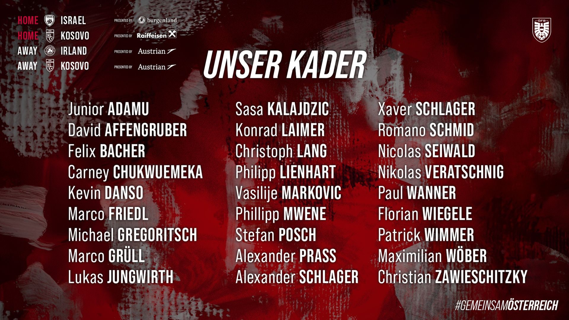 รายชื่อนักเตะออสเตรียในเนชันส์ลีก คอนราด ไลเมอร์ และ มิคาเอล เกรกอริทช์ นำทีม ด. อลาบา ไม่มีชื่อ