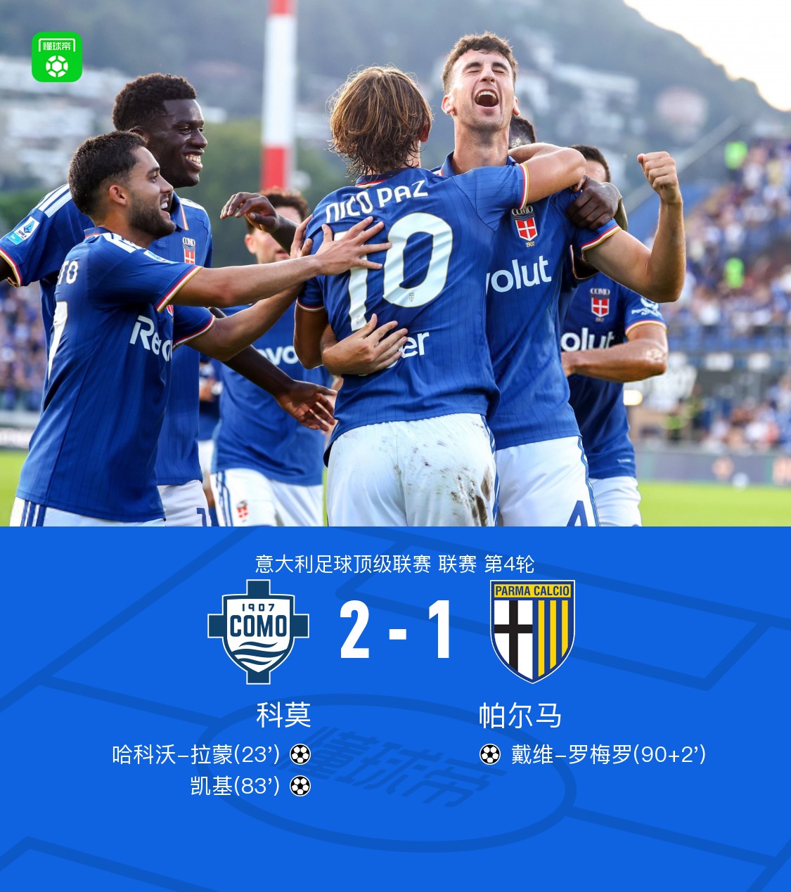 โคโมพลิกชนะปาร์มา 2-1 นิโก้ ปาซ แอสซิสต์ ฆาโกโบ รามอน และไคกี้ ทำประตู