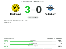Bundesliga: Dortmund 3-0 Paderborn — Felix Nmecha, 2 goles y rating 9.3 como MVP