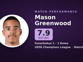 Greenwood dinilai 7.9: 3 key pass & 1 assist di Fenerbahçe 1-1 Roma