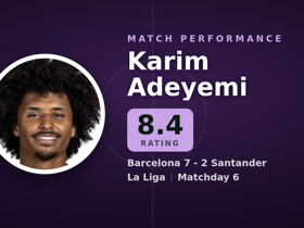 Adeyemi rated 8.4: 6 dribbles, 4 key passes in Barcelona 7-2 Santander