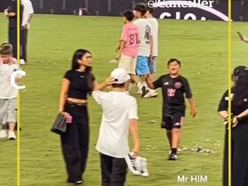 安东内拉进场庆祝，看到儿子蒂亚戈没穿鞋而训了他一顿