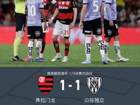 十人弗拉门戈战平山谷独立两回合3-1晋级四强，若日尼奥染红