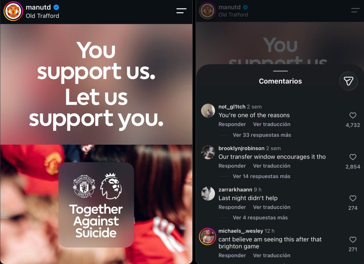 Manchester United e Tottenham Hotspur lanciano una campagna pubblica sulla prevenzione del suicidio, ma i commenti dei tifosi la sommergono di sarcasmo