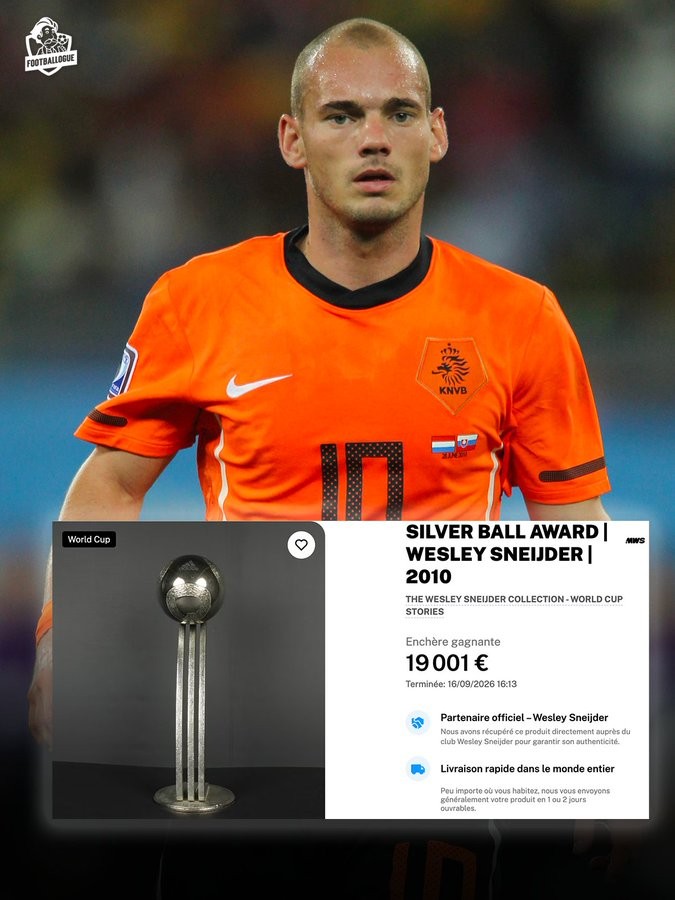 Sneijder subasta el Balón de Plata del Mundial 2010 por 19.000 euros: "Feliz de dárselo a un coleccionista"
