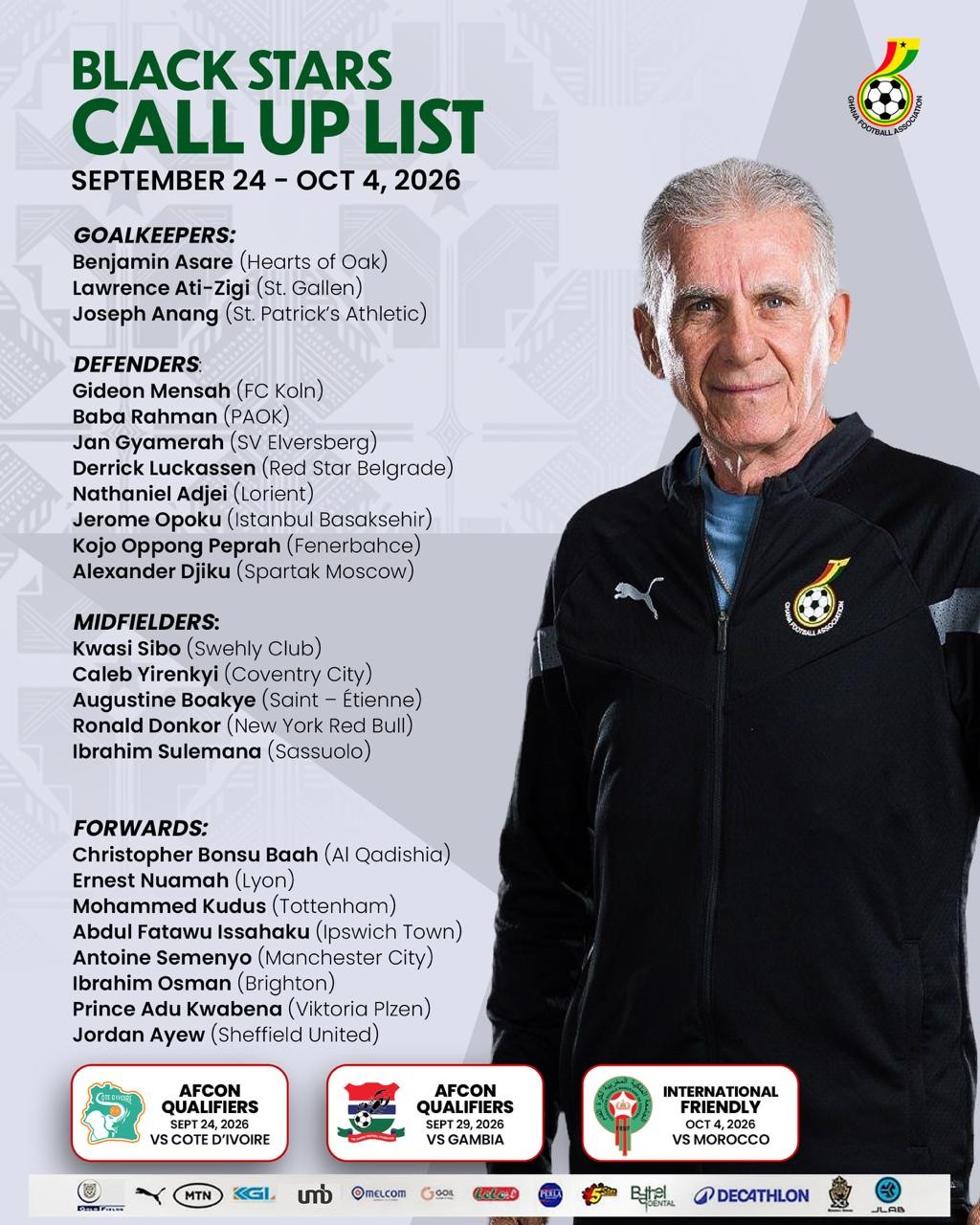 Semenyo, Kudus, Jordan Ayew headline Ghana squad