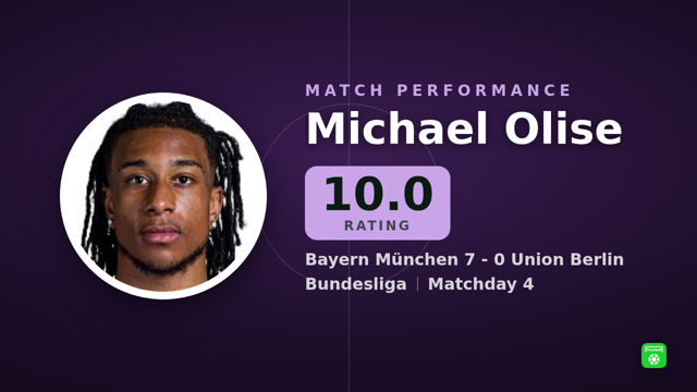 Olise rated 10.0: 3 goals, 1 assist in Bayern München 7-0 Union Berlin