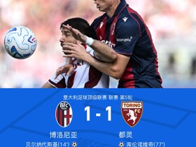 博洛尼亚1-1都灵，贝尔纳代斯基破门，库伦诺维奇扳平