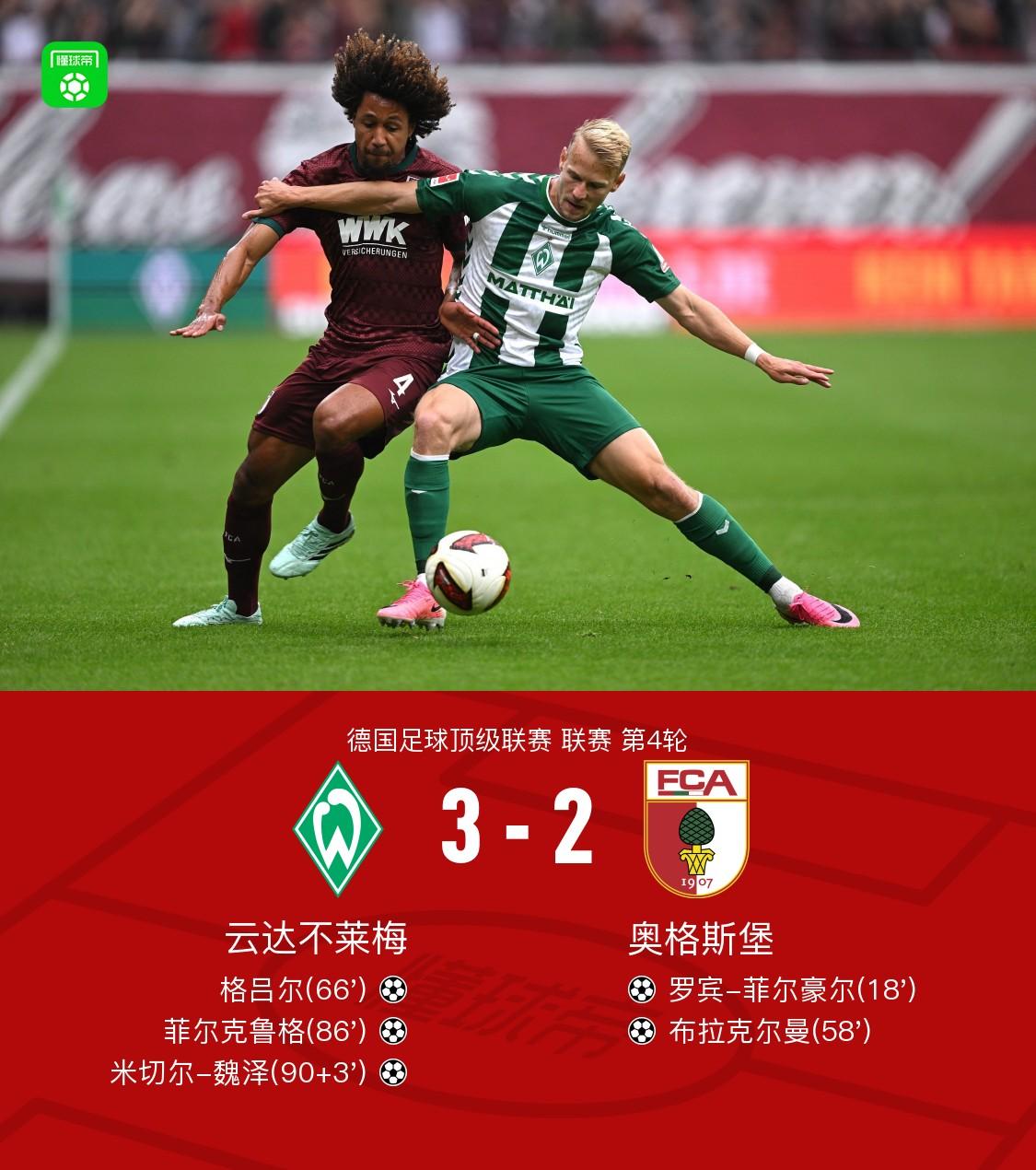 Werder Brema batte Augusta 3-2 con gol vittoria di Weiser al 90'+3