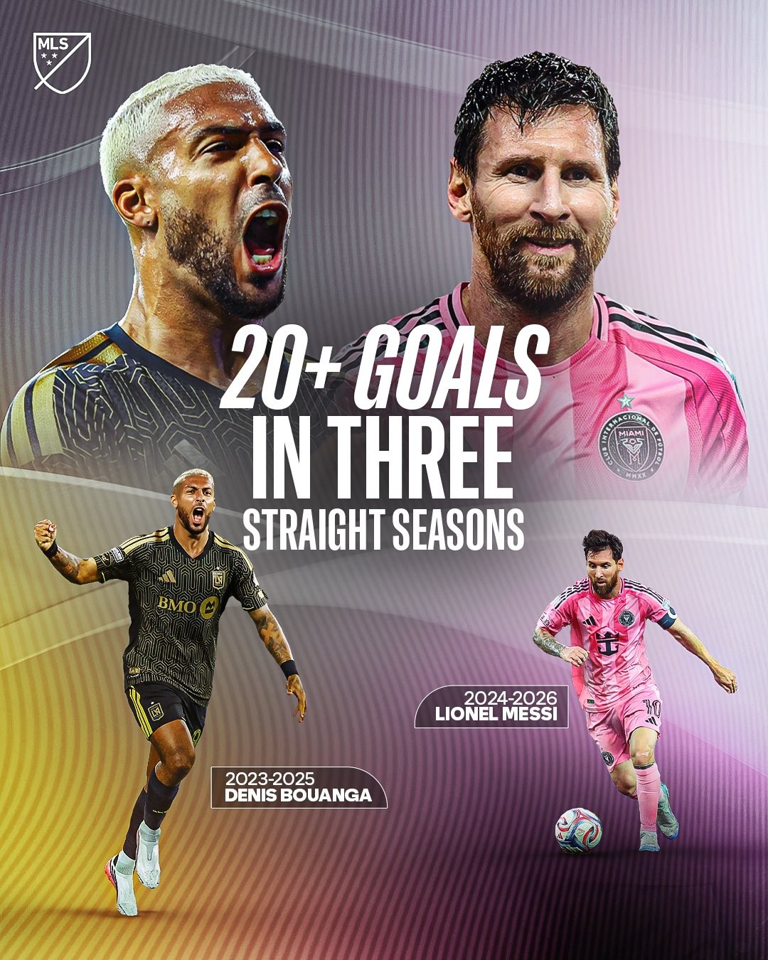 แอล. เมสซี และ เดนิส บูอองกา สองผู้เล่นเดียวในประวัติศาสตร์ MLS ที่ทำ 20+ ประตูสามฤดูกาลติดต่อกัน
