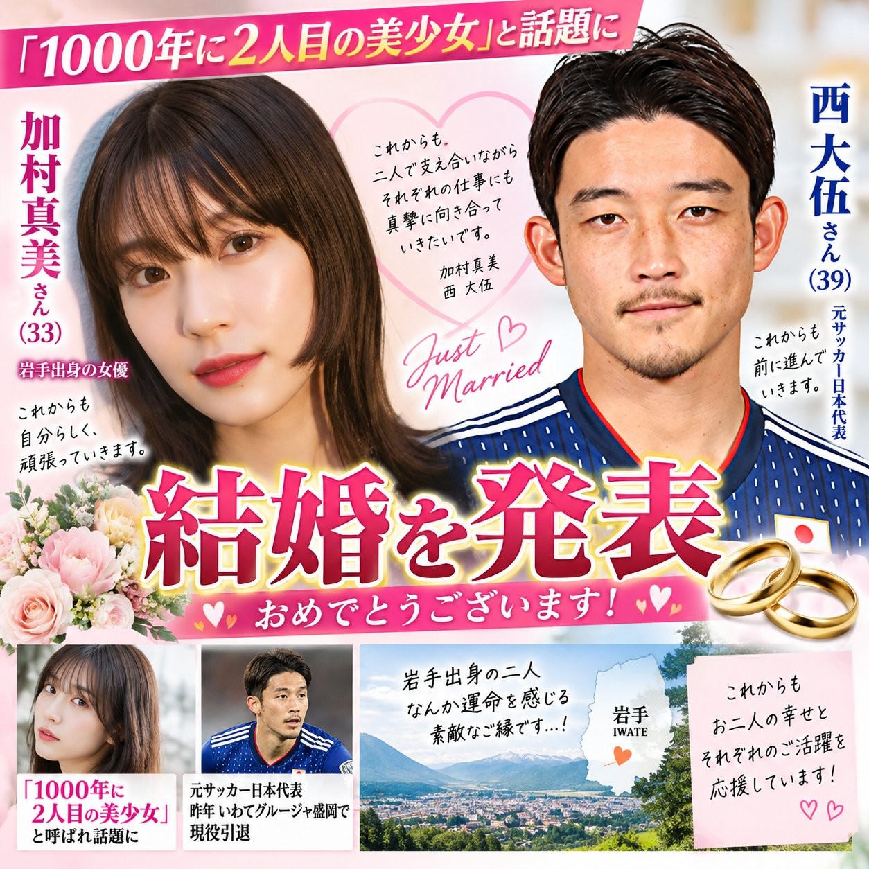 Congratulazioni, l'ex nazionale giapponese Daigo Nishi si è sposato con l'attrice Mami Kamura