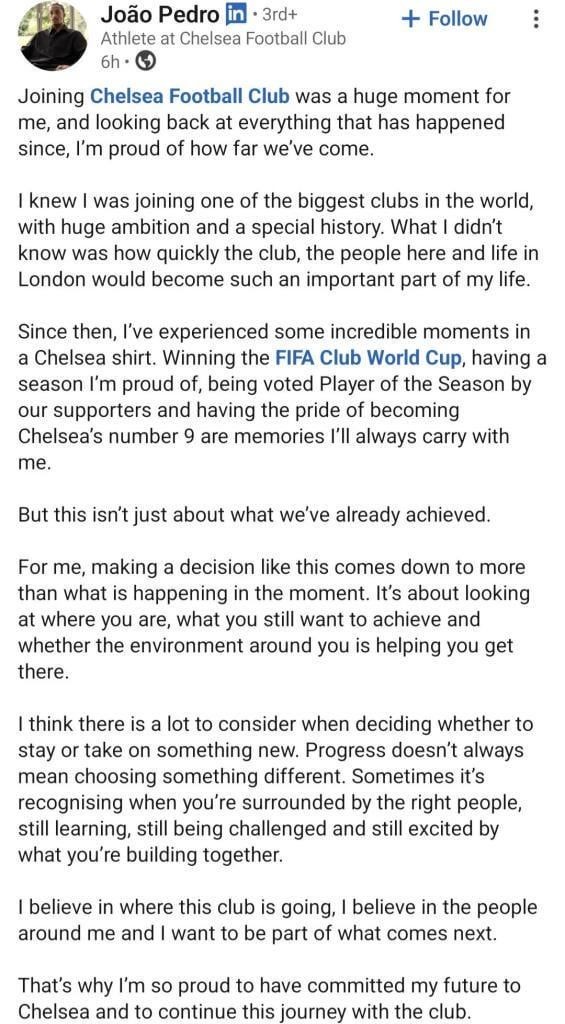 Joao Pedro on LinkedIn about signing a new contract