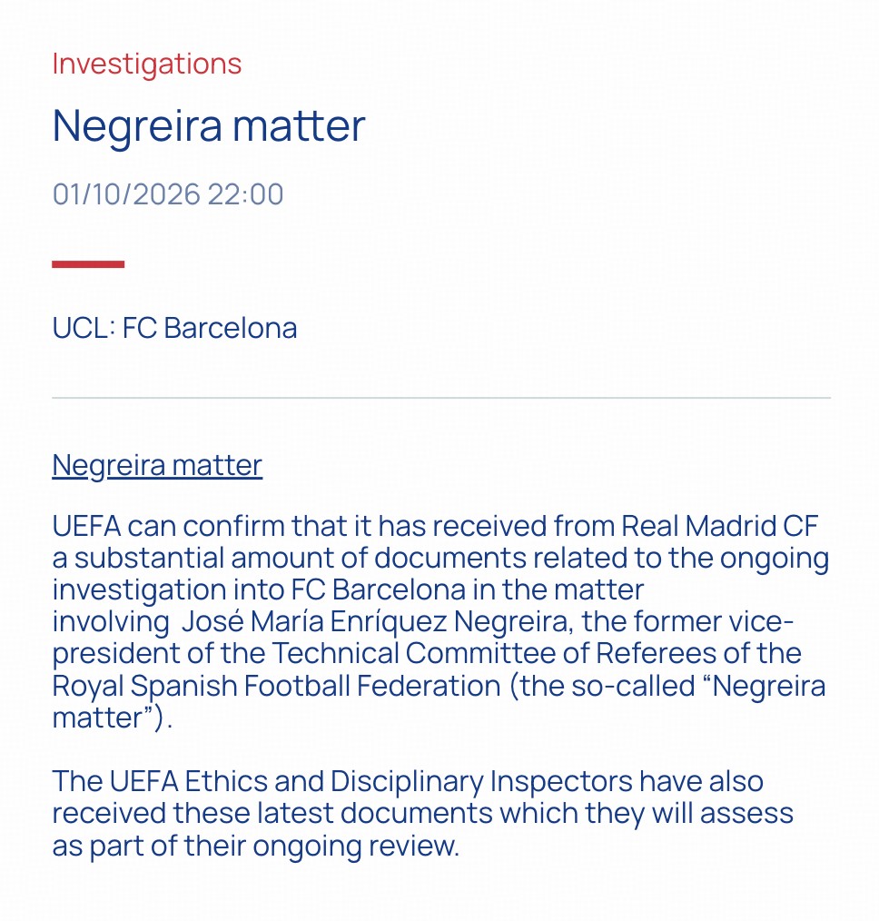 UEFA: Recebemos documentos do Real Madrid sobre o caso Negreira e estamos a avaliar