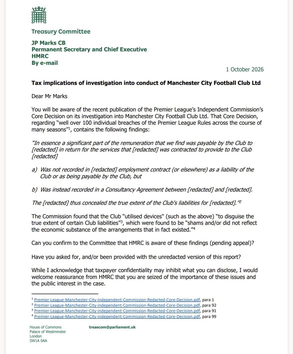 Sky: Comité del Tesoro del Reino Unido envía carta a HMRC sobre posibles implicaciones fiscales en el caso del Manchester City