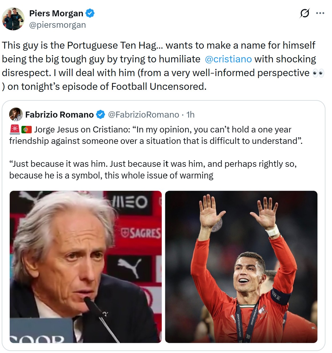 Morgan blasts Jesus: the Portuguese Ten Hag wants to make a name for himself by humiliating Ronaldo, I'll expose him tonight