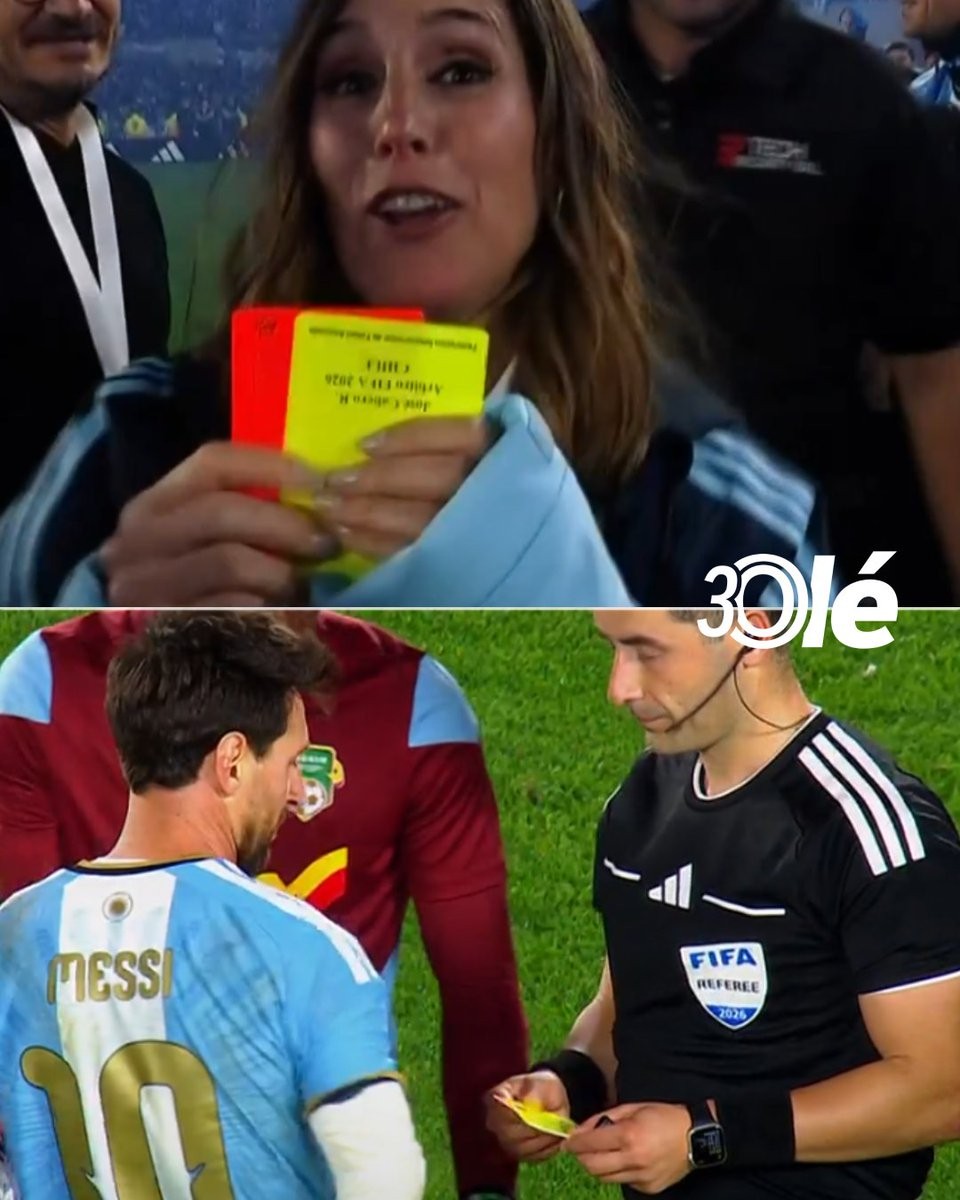 El árbitro entrega las tarjetas a Messi, quien se las regala a la cantante Soledad Pastorutti