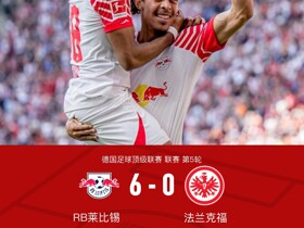 莱比锡6-0法鹰，恩昆库半场戴帽，努萨、班祖齐传射，戈米破门