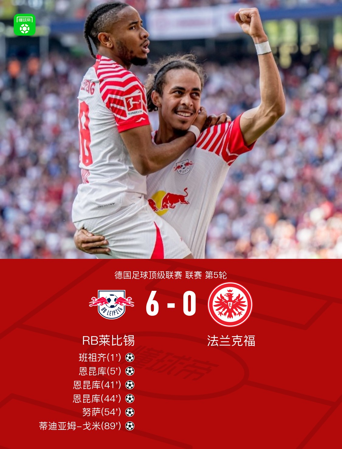 Leipzig 6-0 Frankfurt, Nkunku Cetak Hat-trick di Babak Pertama, Nusa dan Banzuzi Masing-masing Cetak Gol dan Assist, Gomis Juga Turut Membobol Gawang