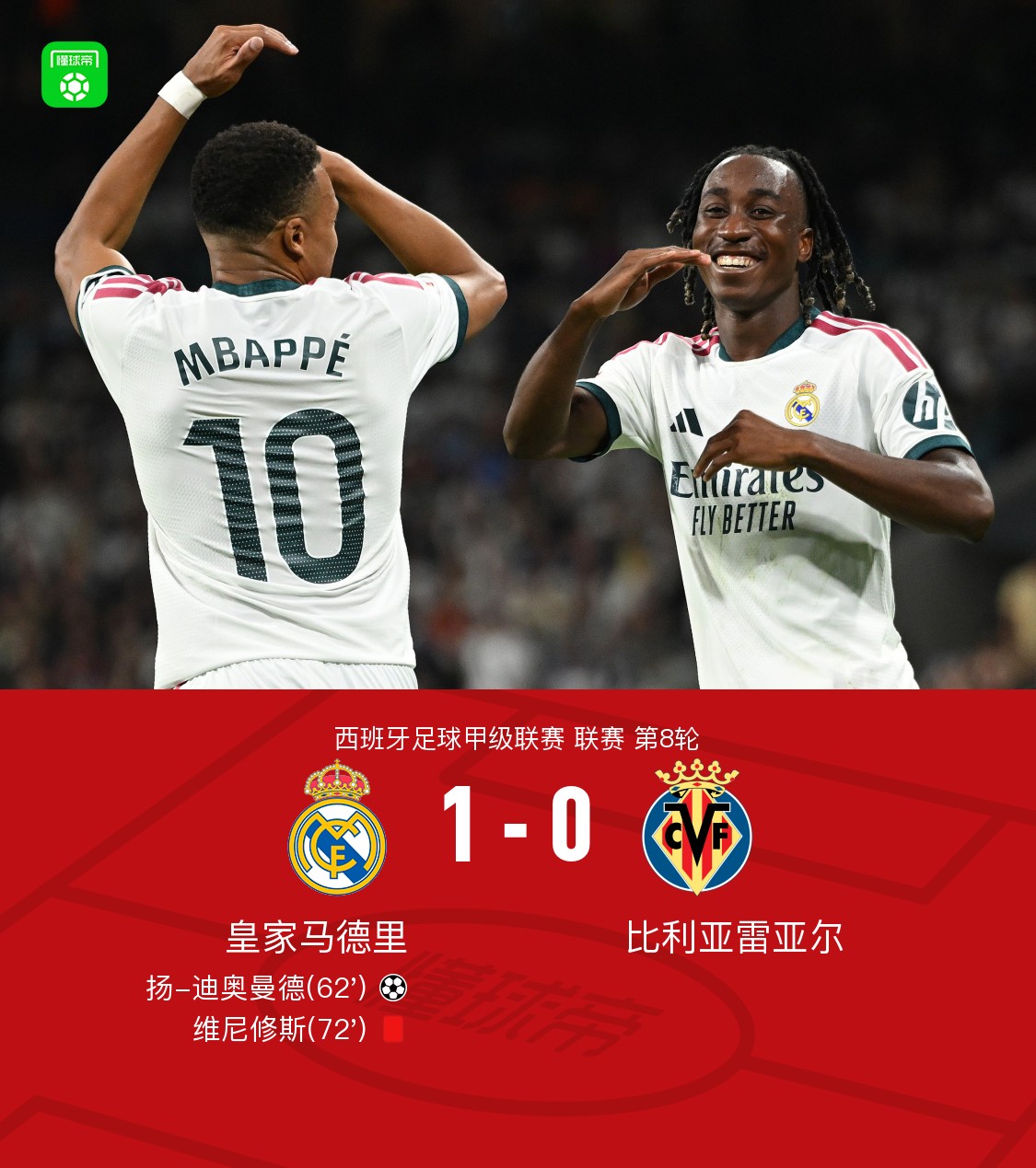 El Real Madrid, con diez hombres, vence 1-0 al Villarreal; Vinicius es expulsado por tirar del pelo y Diomande anota su primer gol