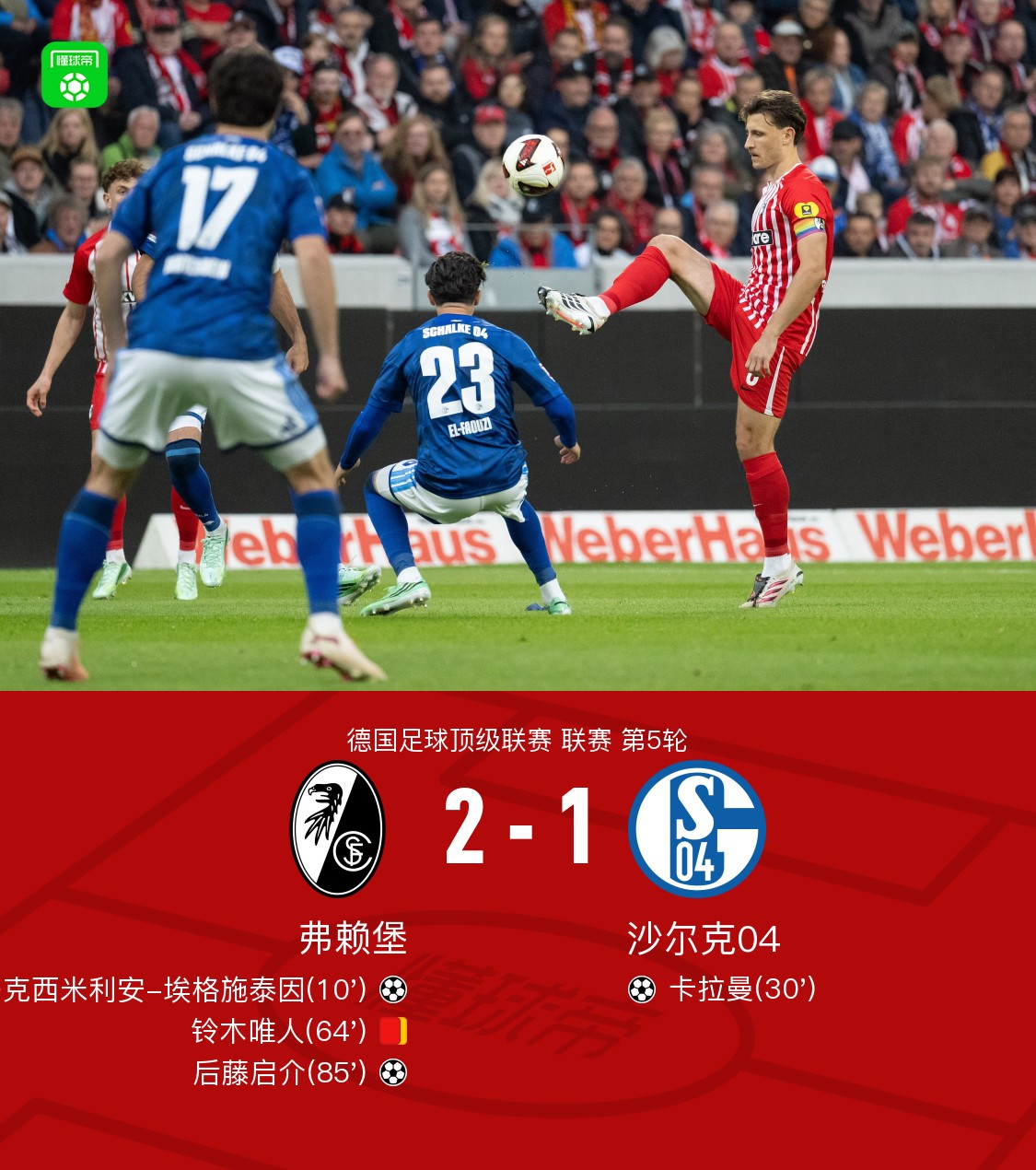 Friburgo vence 2-1 al Schalke con gol de Goto; Suzuki es expulsado con diez