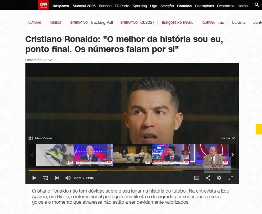 War Ronaldos neues Interview, in dem er sich als Größten aller Zeiten bezeichnete, ein Wiederaufleben eines Interviews vom Februar dieses Jahres?BODY: <p>Am 12. Oktober, Pekinger Zeit (CET), in den frühen Morgenstunden, veröffentlichten portugiesische Medien ein Exklusivinterview mit Ronaldo. Dieses löste eine hitzige Debatte über seine Äußerungen aus, in denen er sich selbst als den „Größten aller Zeiten" bezeichnete, sowie über seine Zukunft und den Meilenstein von 1.000 Toren.</p><p><embed allowfullscreen="true" allowscriptaccess="never" class="edui-faked-video" controls="controls" loop="false" menu="false" mode="player" play="true" pluginspage="http://www.macromedia.com/go/getflashplayer" src="https://img.qunliao.info/2026/10/12/132f82347b2c98a057b181f1754c309bJth3Iv_avfast.mp4" type="application/x-shockwave-flash" wmode="transparent"/></p><p><img src="https://img.allfootballapp.com/www1/M00/16/A9/rBARMGrMtWeAXseLAAJ-NC09AT0966.jpg" data-width="917" data-height="748" /></p><p>Am Morgen veröffentlichten po