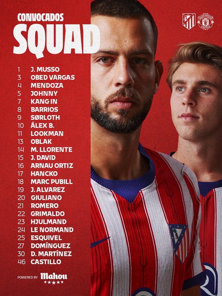 Convocati Atlético Madrid-Manchester United: Álvarez presente, Koke assente
