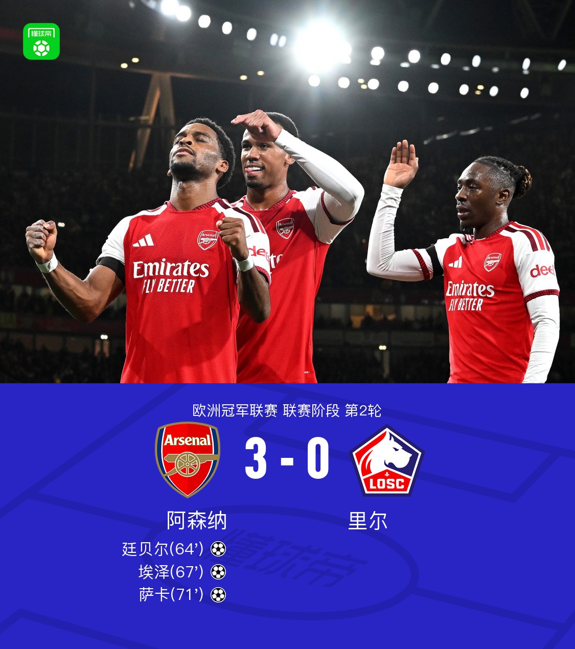 Arsenal vence Lille 3-0 com três gols em sete minutos; Saka com gol e assistência, Timber e Eze marcam
