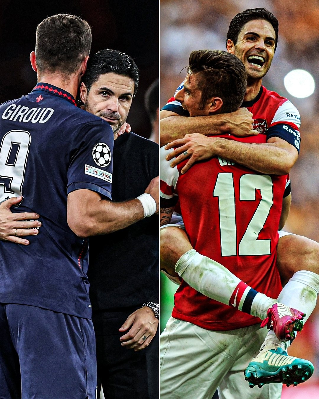 Wiedersehen für Arsenal-Fans: Trainer Arteta umarmt ehemaligen Teamkollegen Giroud nach dem Spiel